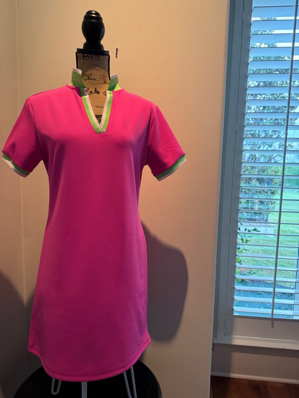 Bright Pink Short-Sleeve Midi Dress with Green Trim